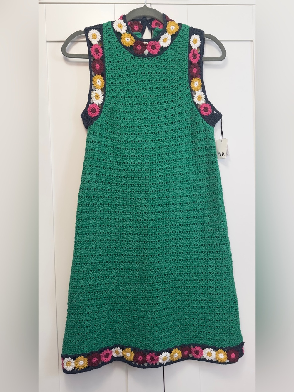 ZARA Green Crochet Dress Floral Print Crochet Details NEW!
